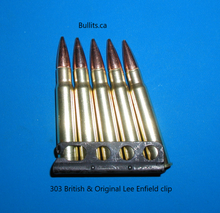 Load image into Gallery viewer, 303 British with Full Metal Jacket bullets, lot of 5 mounted on original Lee Enfield clip