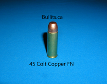 Load image into Gallery viewer, 45 Colt (aka 45 Long Colt), with 300gr Flat Nose, Copper plated bullet.
