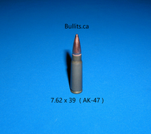 Load image into Gallery viewer, 7.62 x 39 (AK-47) Steel casing, Grey/Green color with a Full Metal Jacket bullet