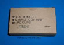 Load image into Gallery viewer, 5.56 NATO, full box of IVI, 2018, 77gr HPBT bullets