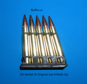303 British with Full Metal Jacket bullets, lot of 5 mounted on original Lee Enfield clip