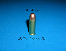 Load image into Gallery viewer, 45 Colt (aka 45 Long Colt), with 300gr Flat Nose, Copper plated bullet.
