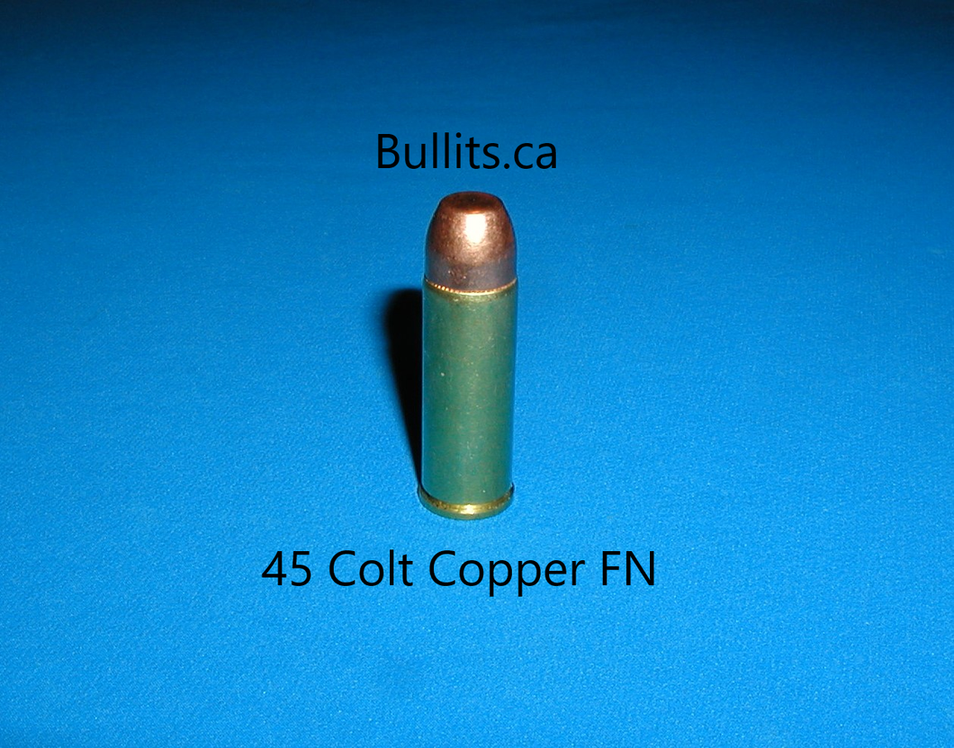 45 Colt (aka 45 Long Colt), with 300gr Flat Nose, Copper plated bullet.