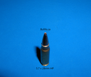 5.7 x 28mm with a 52gr Hollow Point bullet