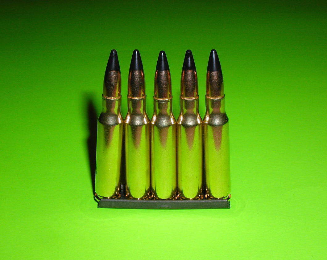 7.62 NATO / 7.62 x 51 with Black Tip bullets mounted on original Metal strip & 5 bullets