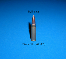 Load image into Gallery viewer, 7.62 x 39 (AK-47) Steel casing, Grey/Green color with a Full Metal Jacket bullet
