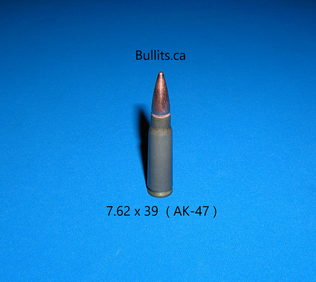 7.62 x 39 (AK-47) Steel casing, Grey/Green color with a Full Metal Jacket bullet