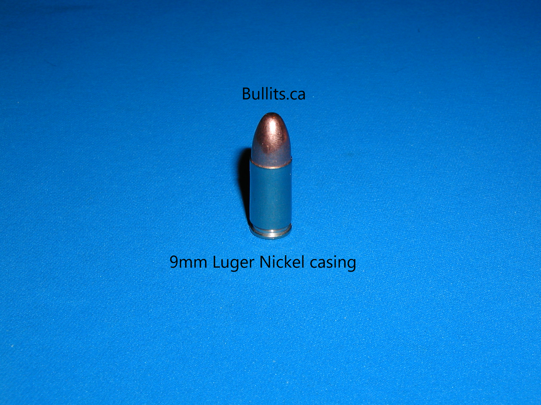 9mm Luger (9x19) Nickel casings with 115gr, Round Nose bullet.