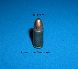 9mm Luger (9x19) Steel casings with 115gr, Round Nose bullet.