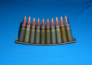 7.62 x 39 (AK-47) Grey/Green color Steel casings with FMJ bullets & Stripper clip with 10 bullets.