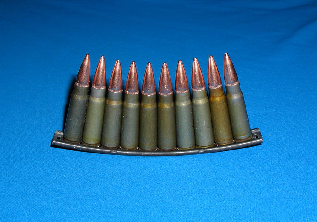 7.62 x 39 (AK-47) Grey/Green color Steel casings with FMJ bullets & Stripper clip with 10 bullets.