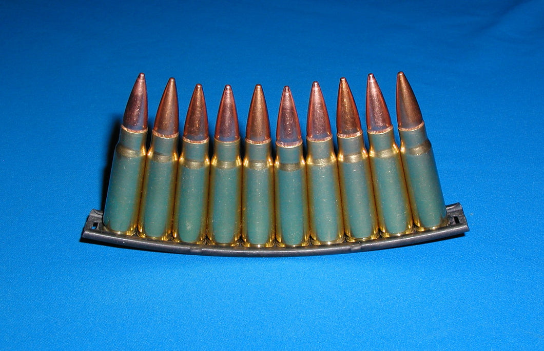 7.62 x 39 (AK-47) with Brass casings and FMJ bullets mounted on a Stripper clip with 10 bullets.