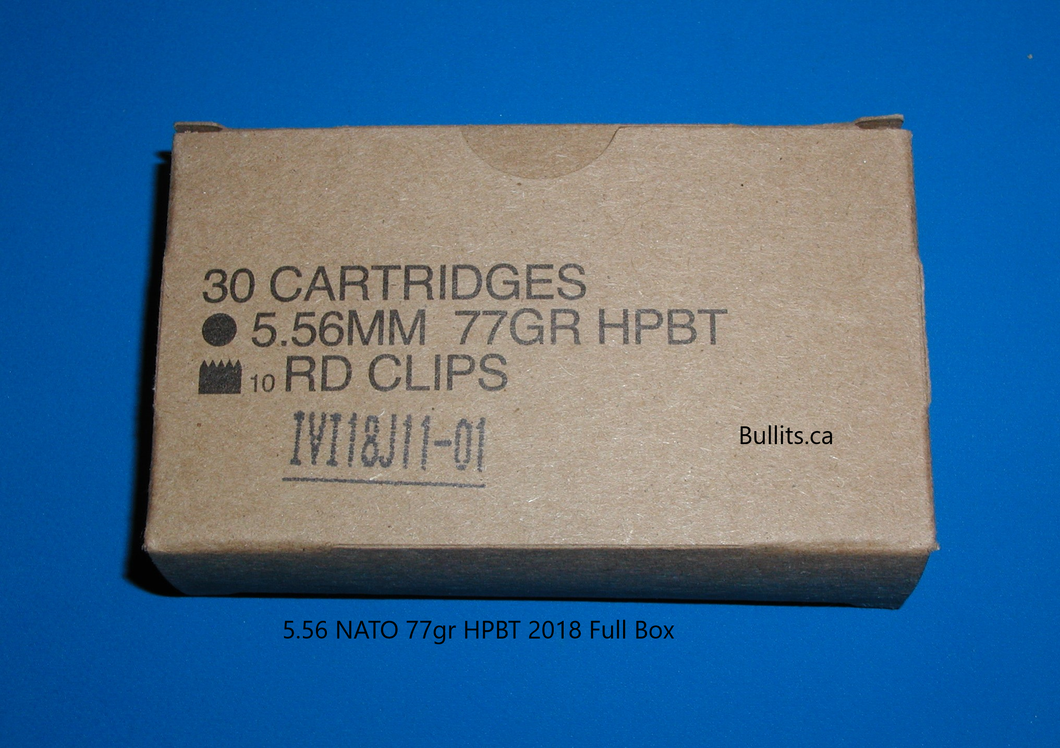 5.56 NATO, full box of IVI, 2018, 77gr HPBT bullets